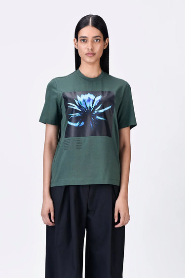 Cotton T-Shirt with UV Flower Sticker -Pine Green - Genes Lecoanet Hemant