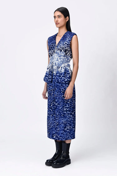 Crepe Microcell Print Dress - Navy Blue - Genes Lecoanet Hemant