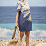 Navy cotton poplin shift dress for women with abstract graphic print