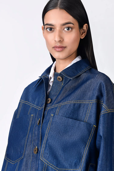 Cropped Chambray Jacket with Dart Details