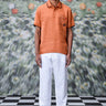 Dark caramel linen polo T-shirt for men with breathable lightweight fabric