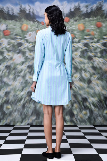 Blue green striped dress with modern deconstructed pattern