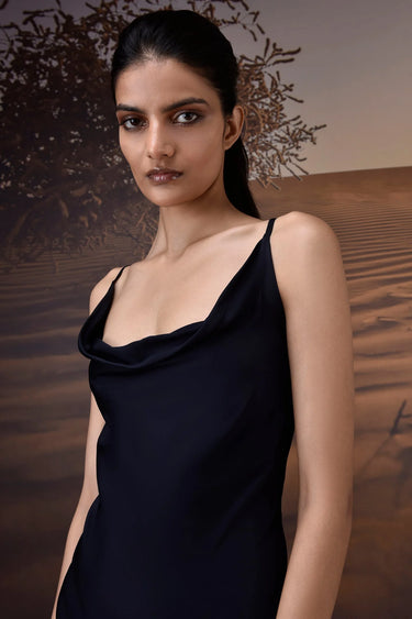 Deep Navy Viscose Satin Cowl Neck Gown - Genes Online Store