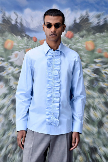 Detachable Ruffle Placket Regular Fit Shirt -Light Blue - Genes Online Store
