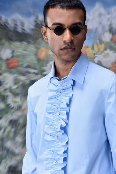 Detachable Ruffle Placket Regular Fit Shirt -Light Blue - Genes Online Store