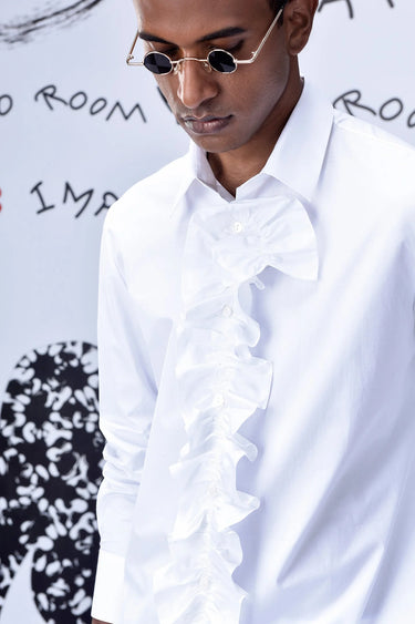 Detachable Ruffle Placket Regular Fit Shirt -White - Genes Online Store