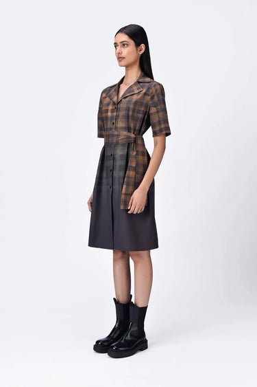 Dot Check Cotton Shirt Dress with Belt- Chocolate Brown - Genes Lecoanet Hemant