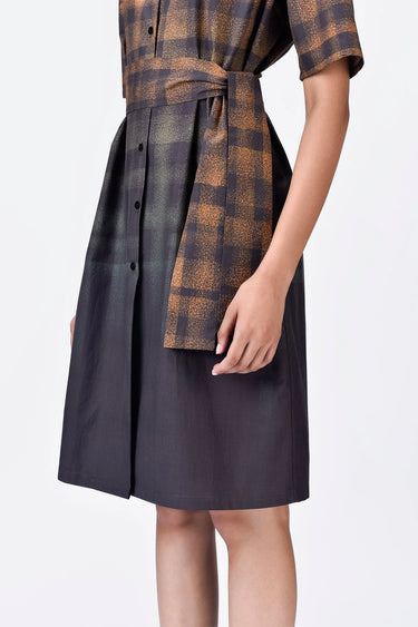 Dot Check Cotton Shirt Dress with Belt- Chocolate Brown - Genes Lecoanet Hemant