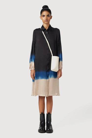 Easy Fit Band Collar Shirt-Dress with Pleated Sleeves - Genes Lecoanet Hemant