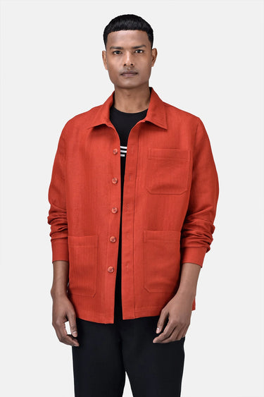 Easy Fit Button-Down Linen Herringbone Jacket with Patch Pockets - Coral Orange