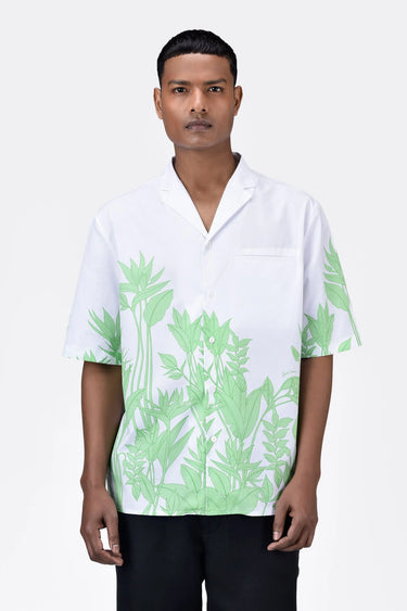 Easy Fit Cotton Poplin Shirt with Sailor Collar and Tropical Print