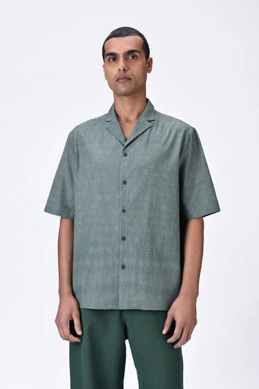 Easy Fit Cuban Collar Shirt with Cell Chain Print