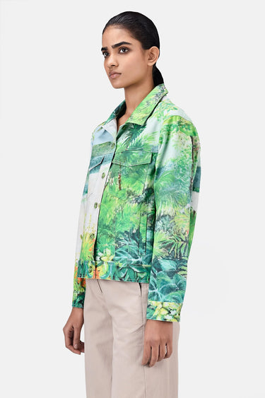 Easy Fit Denim-Style Jacket with Pixelated Landscape Print