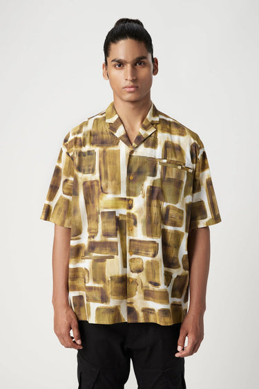 Easy Fit Half Sleeve Collar Shirt in an All-Over Abstract Check Print - Genes Lecoanet Hemant