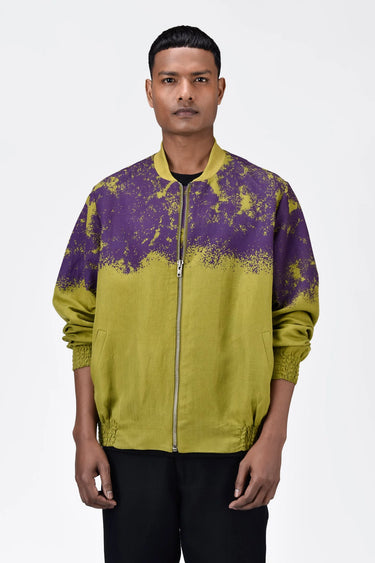 Easy Fit Linen Herringbone Bomber with Canopy Print - Bright Olive