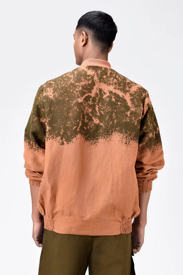 Easy Fit Linen Herringbone Bomber with Canopy Print - Salmon