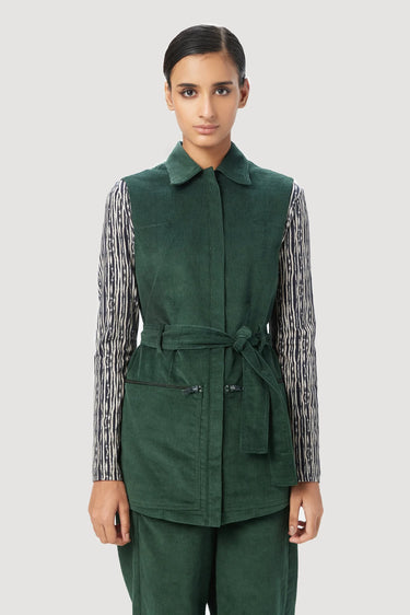 Easy Fit Sleeveless Jacket with Double Stitch Construction - Forest Green - Genes Lecoanet Hemant