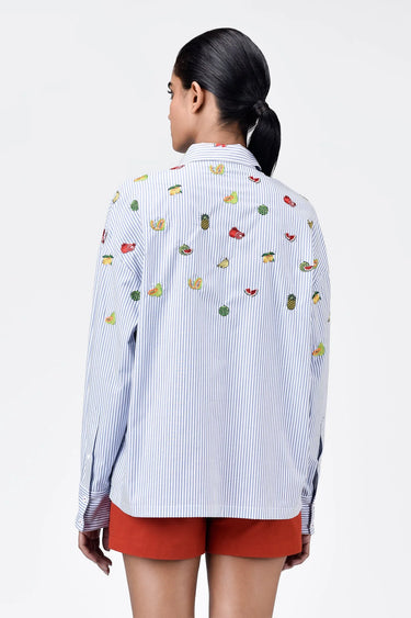 Easy-Fit Striped Button-Up Shirt with Mixed Fruit Embroidery - Genes Lecoanet Hemant