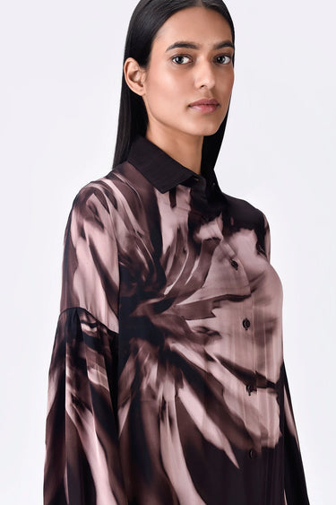 Easy Fit Viscose Satin Shirt with UV Flower Print - Genes Lecoanet Hemant