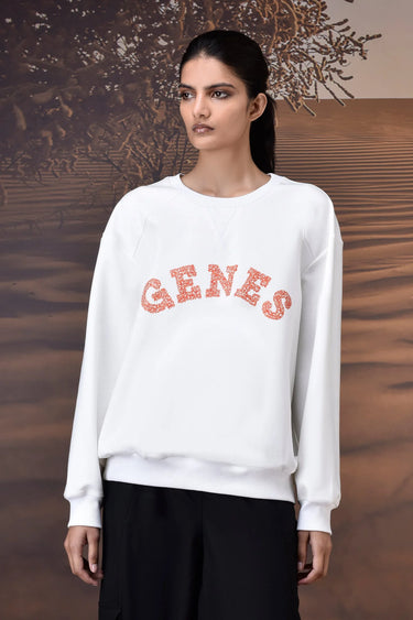 Ecru Crew Neck Sweatshirt with Textured GENES Appliqué - Genes Online Store