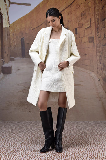 Ecru long coat women India structured silhouette with modern layering style