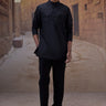Black embroidered poplin band collar shirt for men by Genes Lecoanet Hemant India