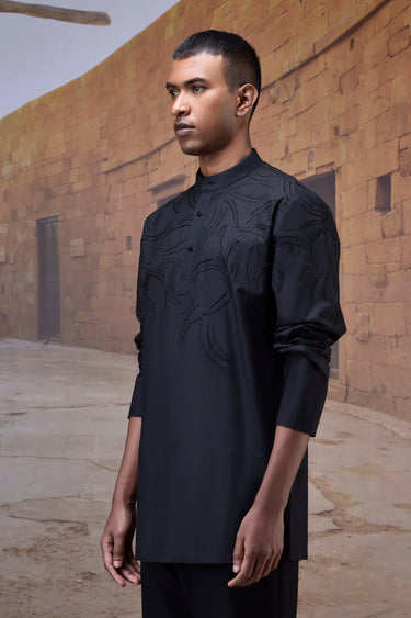 Black embroidered shirt men India with band collar and modern fit