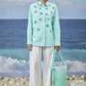 Mint green cotton poplin shirt for women with embroidered detailing
