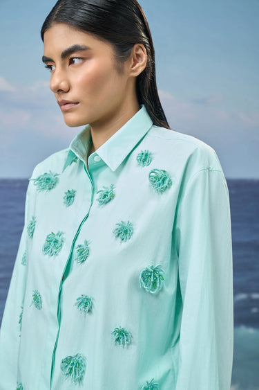 Mint green shirt for women with embroidery and button-down design