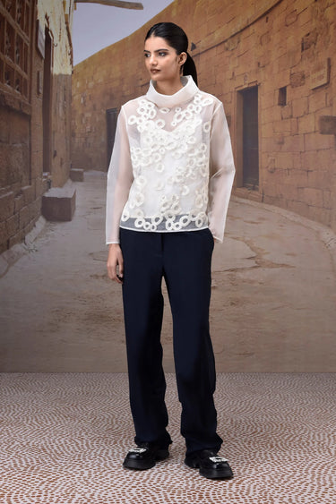 Embroidered Organza Funnel Collar Top - Genes Online Store