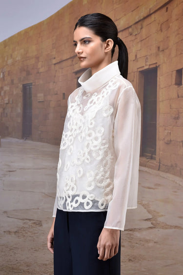 Embroidered Organza Funnel Collar Top - Genes Online Store
