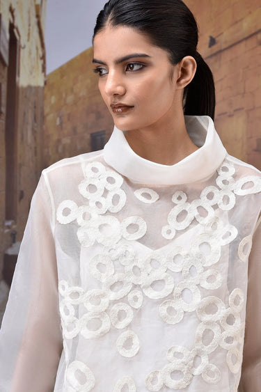 Embroidered Organza Funnel Collar Top - Genes Online Store