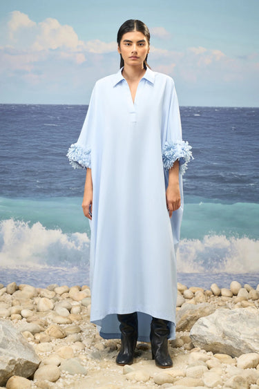 Embroidered Oversized Polo-Collar Dress in Premium Cotton Poplin – Light Blue