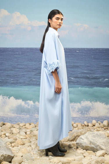 Embroidered Oversized Polo-Collar Dress in Premium Cotton Poplin – Light Blue
