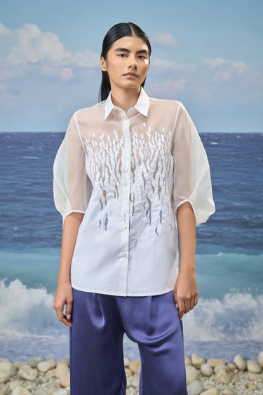 Embroidered Puff-Sleeve Shirt in Premium Cotton Poplin & Organza – White