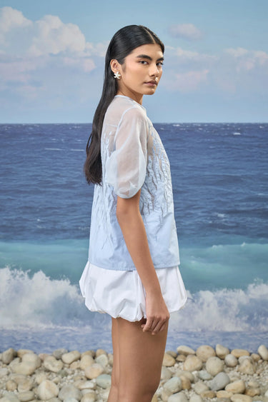 Embroidered Puff-Sleeve Top in Premium Cotton Poplin & Organza – Light Blue