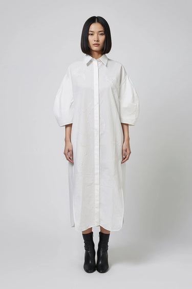 Women white designer shirt dress with embroidery, luxury fashion India
