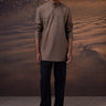Warm beige embroidered poplin band collar shirt for men by Genes Lecoanet Hemant India