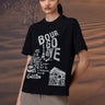 Black cotton jersey T-shirt with French landmark sketch print and crew neckline