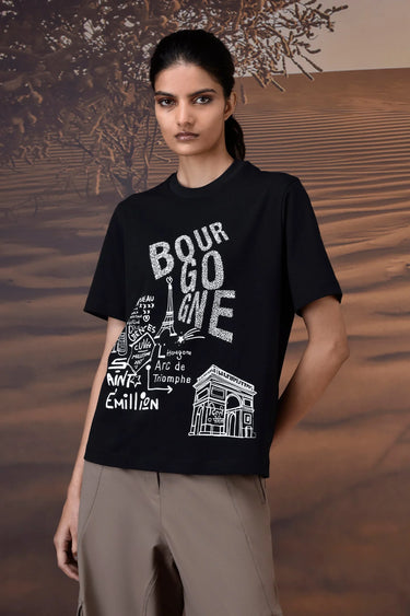 Premium black French sketch graphic T-shirt in breathable cotton jersey fabric