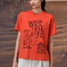 Red cotton jersey T-shirt for women with French sketch artwork and crew neckline
