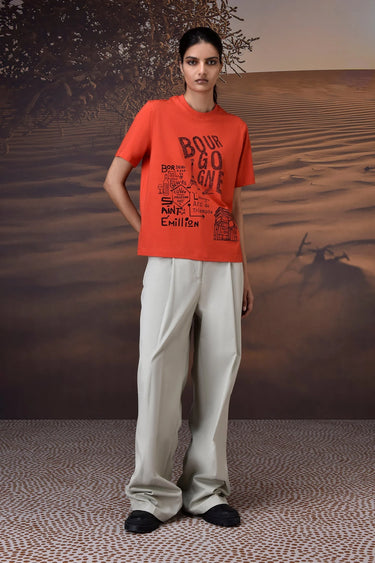 Coquelicot red French sketch cotton jersey T-shirt for women with graphic print and relaxed fit