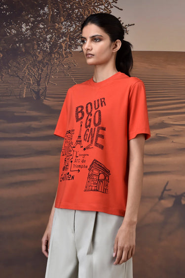 Premium coquelicot red graphic T-shirt in soft cotton jersey fabric for women