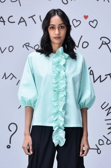Frill Collar Relax Fit Top- Nile Green - Genes Online Store