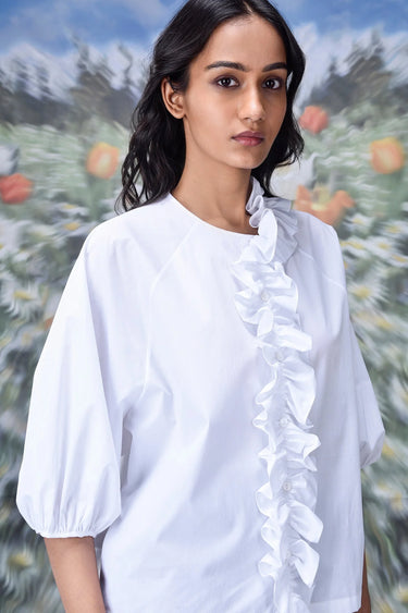 Frill Collar Relax Fit Top- White - Genes Online Store