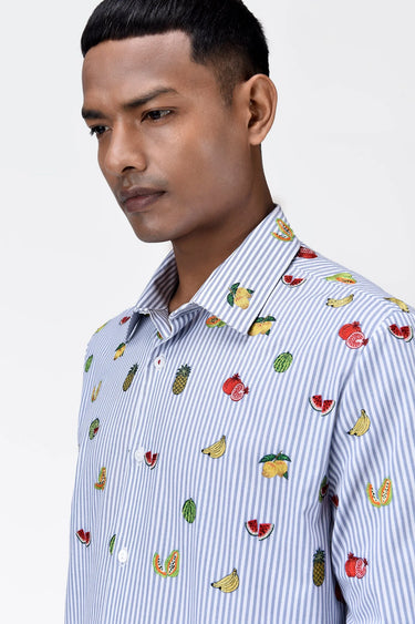 Fruit Motifs Embroidered Striped Men's Button-Down Shirt - Genes Lecoanet Hemant