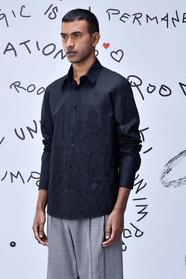 Garden Thread Embroidery Regular Fit Shirt- Black - Genes Online Store