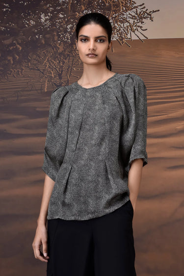 Women black satin top with gathered design, luxury designer fashion India