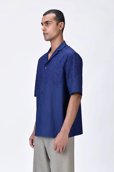 Giza Cotton Poplin Easy Fit Cuban Collar Shirt with Micro Cell Embroidery - Navy Blue