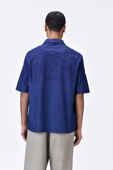 Giza Cotton Poplin Easy Fit Cuban Collar Shirt with Micro Cell Embroidery - Navy Blue